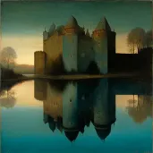 Reflective lake mirroring ancient castle at sunset - Image 3