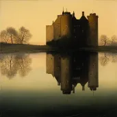 Reflective lake mirroring ancient castle at sunset - Image 4