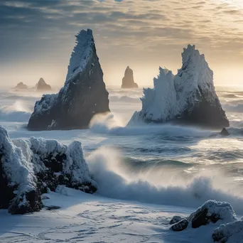 Coastal sea stacks covered in snow - Image 2