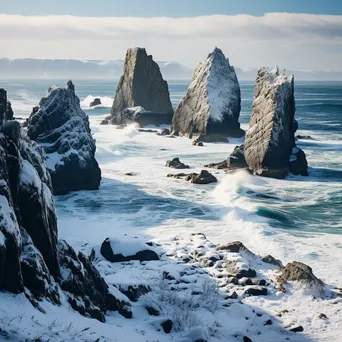 Coastal sea stacks covered in snow - Image 3