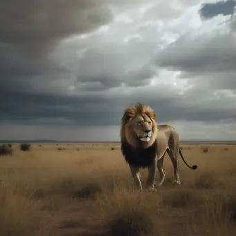 Majestic lion in vast savanna with dramatic sky - Image 1