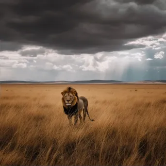 Majestic lion in vast savanna with dramatic sky - Image 2