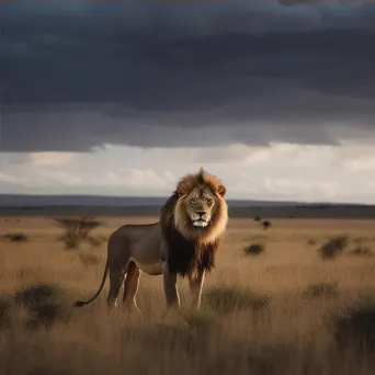 Majestic lion in vast savanna with dramatic sky - Image 4