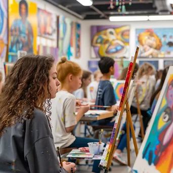 Students creating art at easels in a colorful classroom. - Image 1