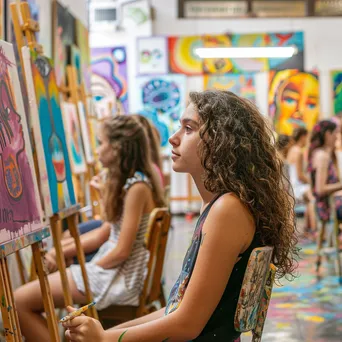 Students creating art at easels in a colorful classroom. - Image 4