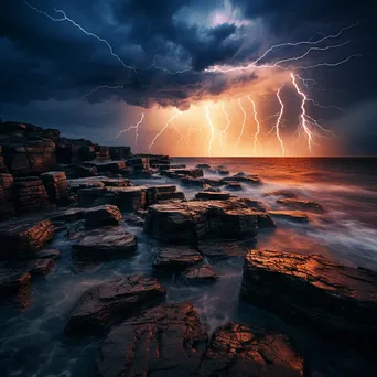 Lightning illuminating rocky cliffs along the coastline at dusk. - Image 1