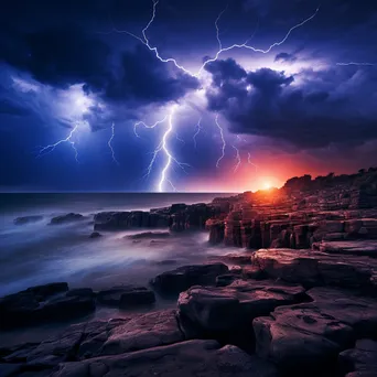 Dramatic Lightning Over Coastline at Dusk