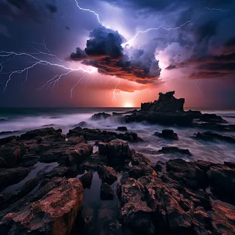 Lightning illuminating rocky cliffs along the coastline at dusk. - Image 3