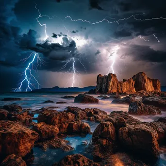 Lightning illuminating rocky cliffs along the coastline at dusk. - Image 4