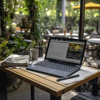 Person working on a laptop at an outdoor patio table in greenery - Image 1