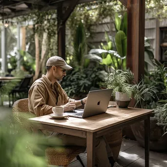 Person working on a laptop at an outdoor patio table in greenery - Image 3