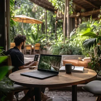 Person working on a laptop at an outdoor patio table in greenery - Image 4