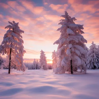 Winter landscape with snow-covered pine trees during sunrise - Image 1