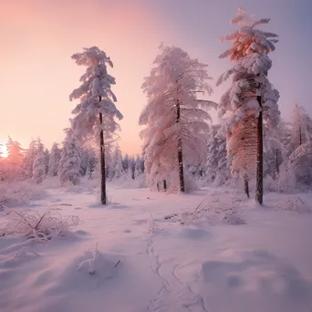 Winter landscape with snow-covered pine trees during sunrise - Image 2