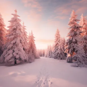 Winter landscape with snow-covered pine trees during sunrise - Image 3