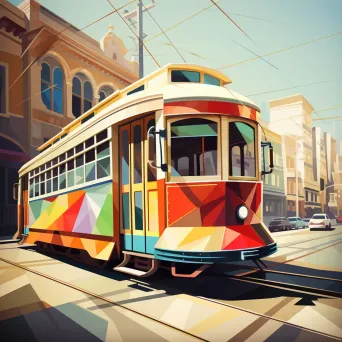 Vintage San Francisco trams presented in low poly style with sunshine casting angular shadows - Image 1