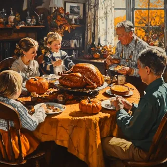 Warm depiction of a nostalgic Thanksgiving family gathering with pumpkin pies and turkey roasting - Image 2