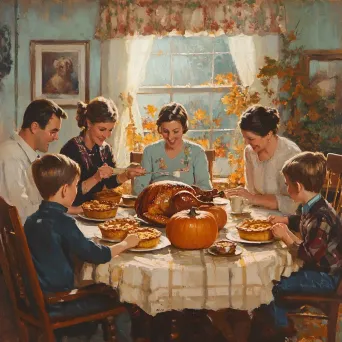 Warm depiction of a nostalgic Thanksgiving family gathering with pumpkin pies and turkey roasting - Image 3