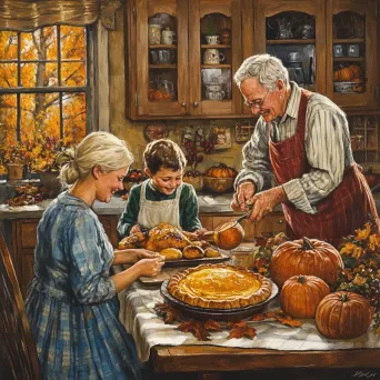 Warm depiction of a nostalgic Thanksgiving family gathering with pumpkin pies and turkey roasting - Image 4