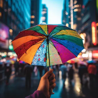 Close-up of a hand holding a colorful umbrella - Image 2