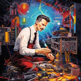 Colorful pop art depiction of Nikola Tesla amidst sparks in his workshop - Image 1