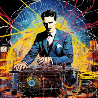 Colorful pop art depiction of Nikola Tesla amidst sparks in his workshop - Image 3