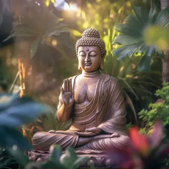 Buddha statue in Zen garden with vibrant aura - Image 1