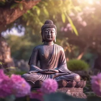 Buddha statue in Zen garden with vibrant aura - Image 3