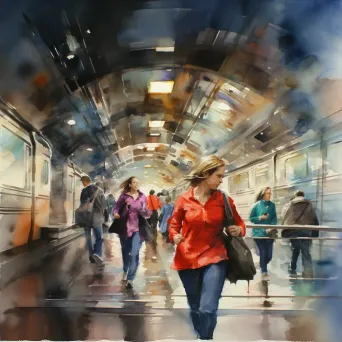 Watercolor painting illustrating the frenetic motion of urban life on a subway platform - Image 2