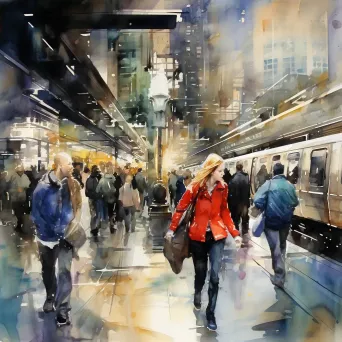 Watercolor painting illustrating the frenetic motion of urban life on a subway platform - Image 4