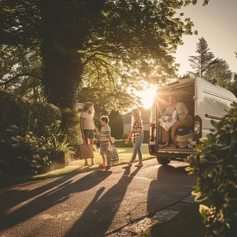 Family packing their camper van on a sunny morning - Image 2