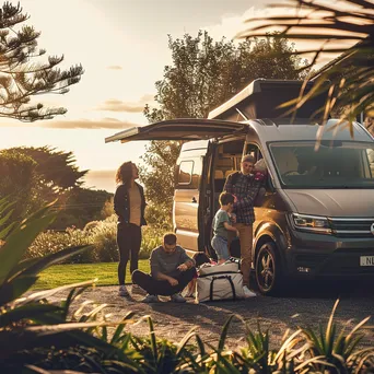 Family packing their camper van on a sunny morning - Image 3