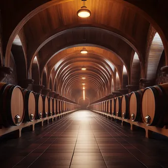 Warmly lit wine barrel aging cellar with wooden barrels. - Image 1