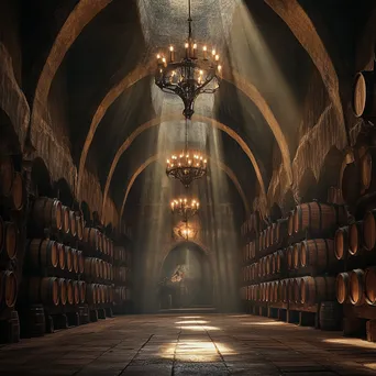 Warmly lit wine barrel aging cellar with wooden barrels. - Image 2