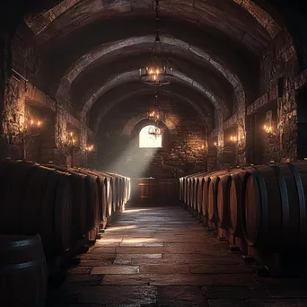 Warmly lit wine barrel aging cellar with wooden barrels. - Image 4