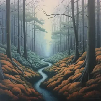 Illustration of a forest path splitting into multiple trails, each leading to a different season - Image 1