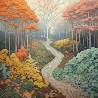 Illustration of a forest path splitting into multiple trails, each leading to a different season - Image 2