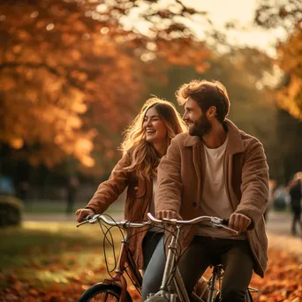 Couple Riding Tandem Bikes in Autumn