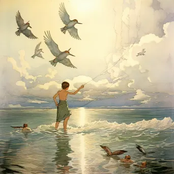 Fisherman catching giant glittering fish with seagulls watching - Image 4