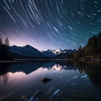 Starry night sky with swirling star trails above a tranquil lake and mountains - Image 1