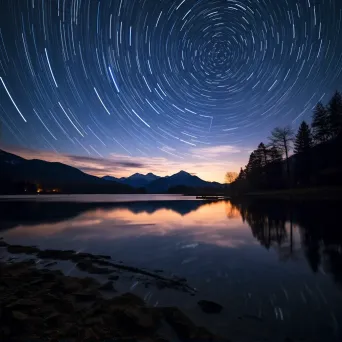 Starry night sky with swirling star trails above a tranquil lake and mountains - Image 2