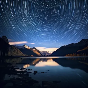 Starry night sky with swirling star trails above a tranquil lake and mountains - Image 3