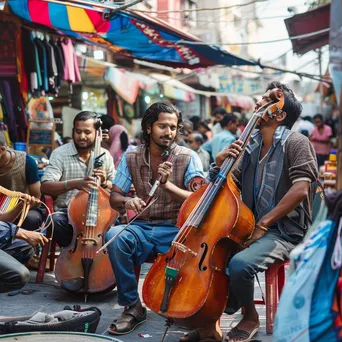 Lively street musicians performing in a crowded market with colorful stalls and happy shoppers. - Image 1