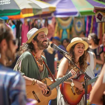 Lively street musicians performing in a crowded market with colorful stalls and happy shoppers. - Image 3