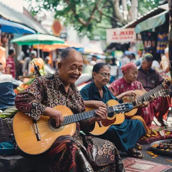 Lively street musicians performing in a crowded market with colorful stalls and happy shoppers. - Image 4