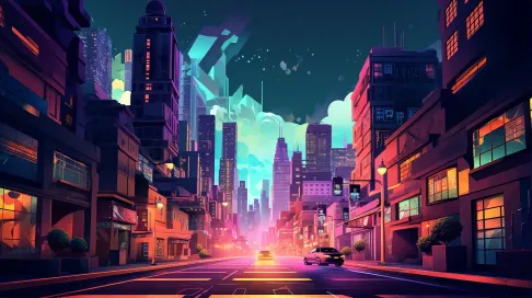 Bright neon low poly cityscape at night - Image 1