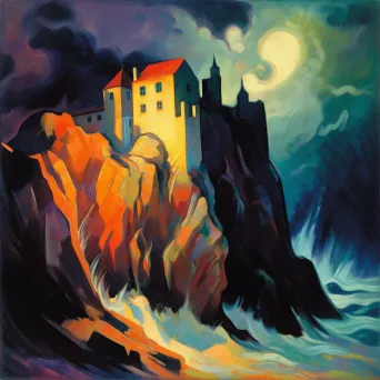 Image of a sinister castle on a craggy cliff with lightning - Image 1