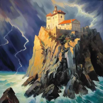 Image of a sinister castle on a craggy cliff with lightning - Image 2