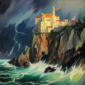 Image of a sinister castle on a craggy cliff with lightning - Image 4