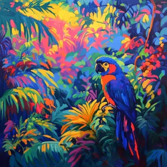 Vivid oil painting of a jungle from a parrot